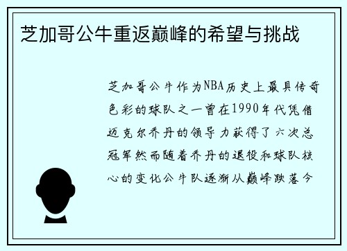 芝加哥公牛重返巅峰的希望与挑战